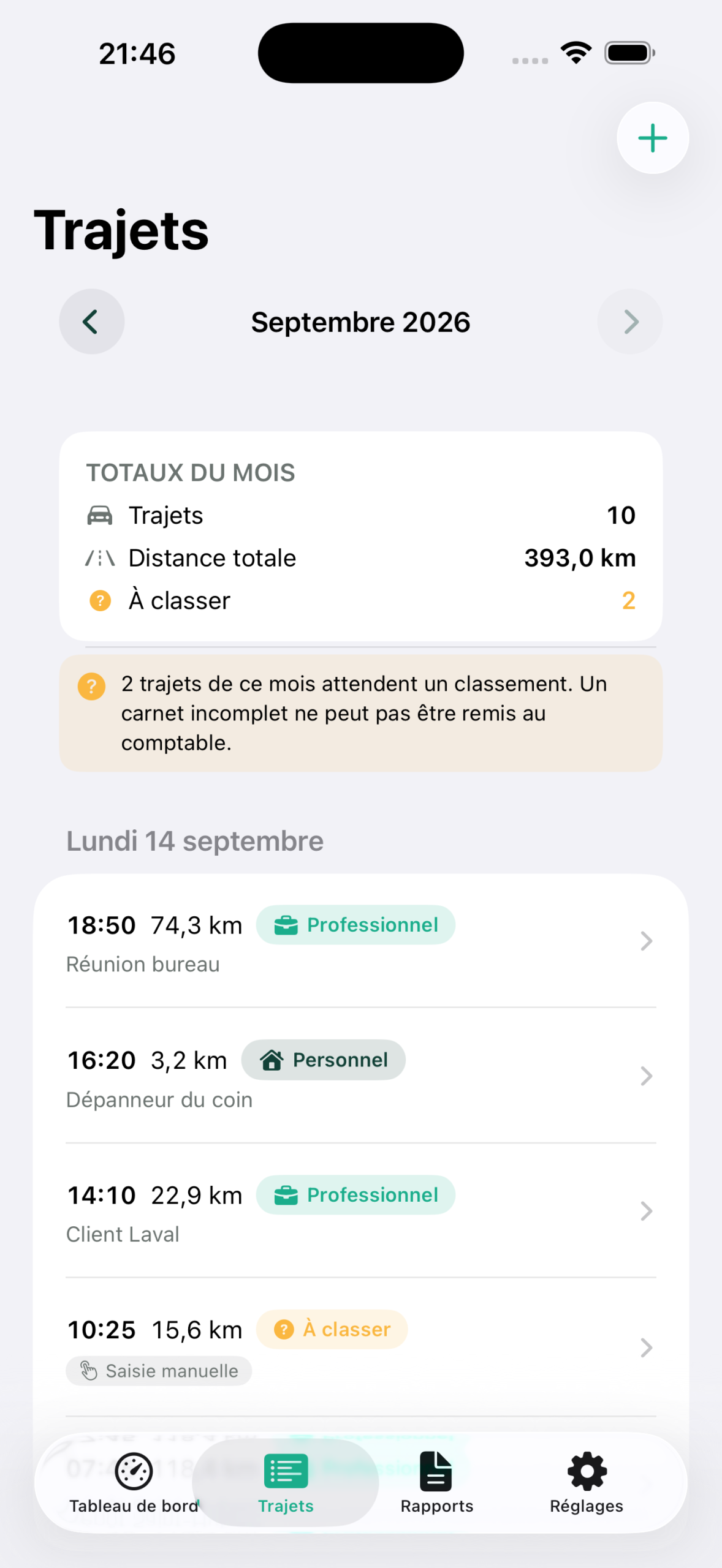 Liste des trajets, avec le classement professionnel ou personnel