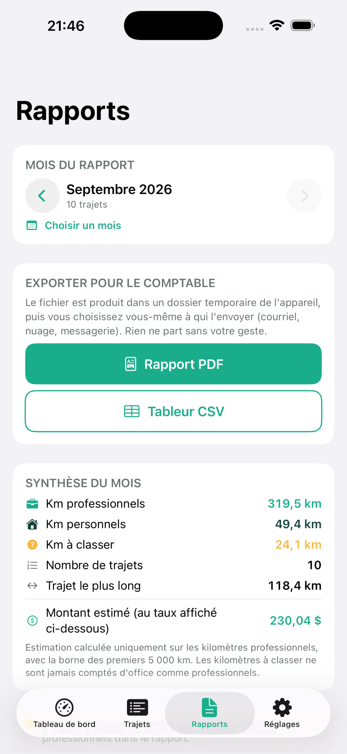 Rapports mensuels, PDF et CSV