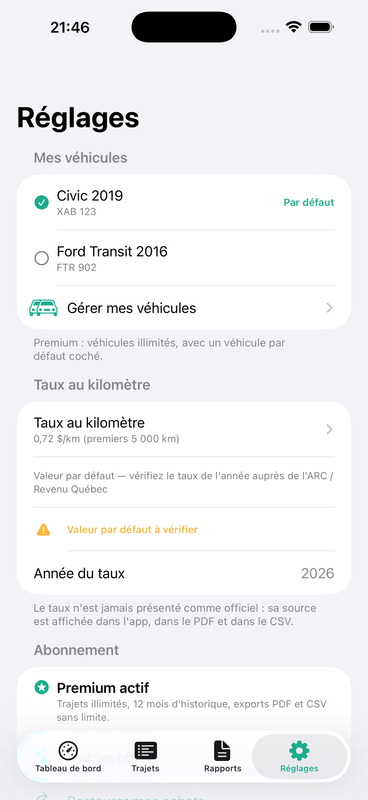 Réglages : véhicules, taux au kilomètre, confidentialité