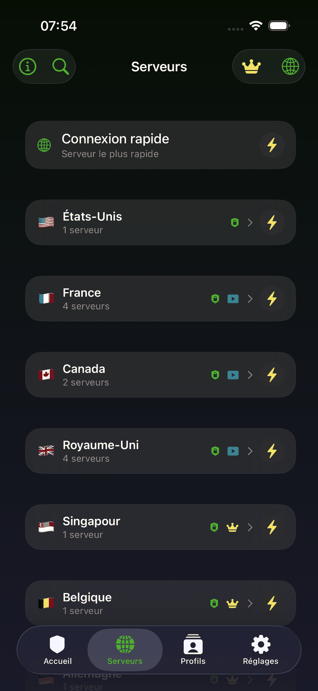 La liste des serveurs, pays par pays, les plus rapides en tête.